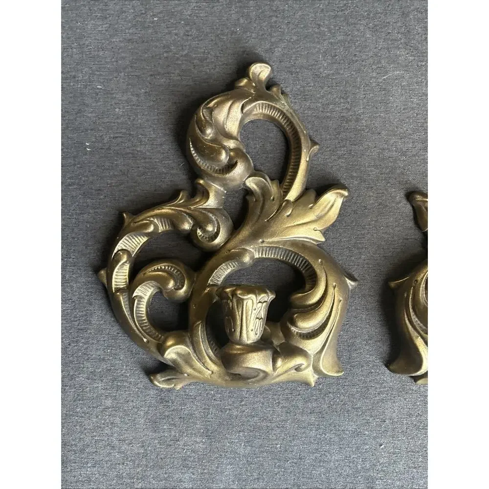 Vintage Holland Mold Gold Tone Metal Wall Candle Sconces Pair Ornate Baroque